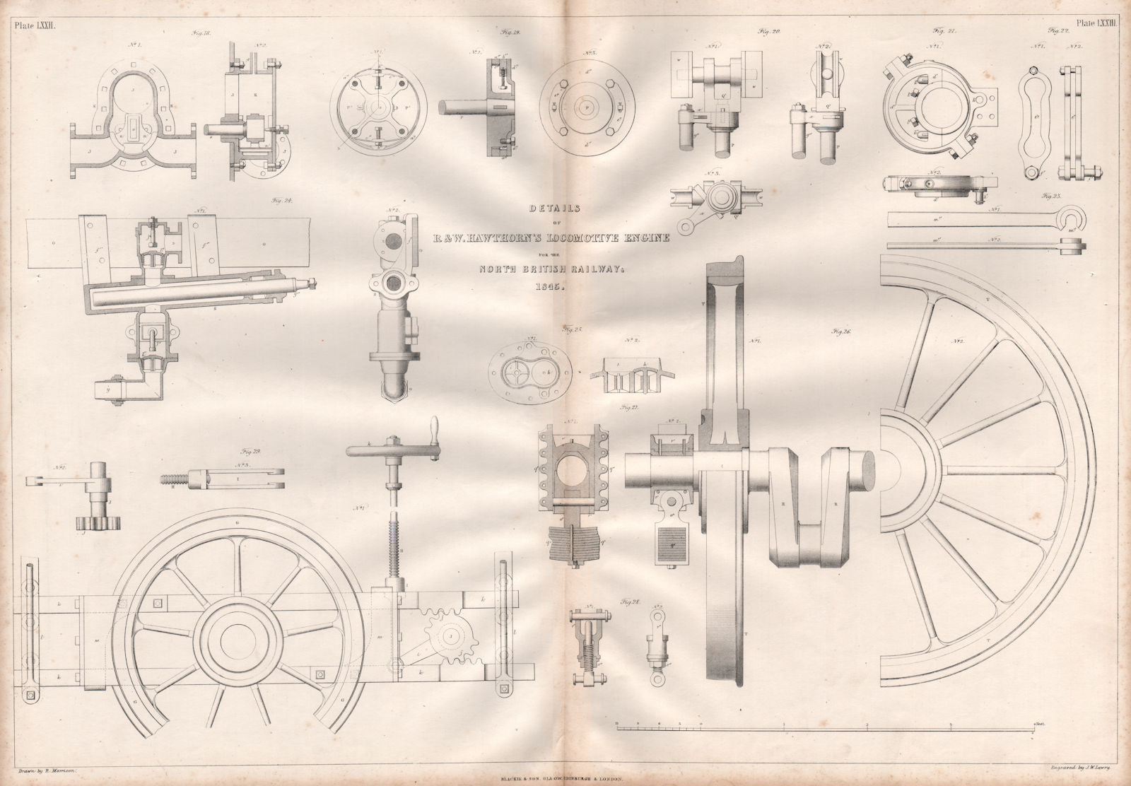 19C ENGINEERING DRAWING. Locomotive engine details. North British Railway 1847